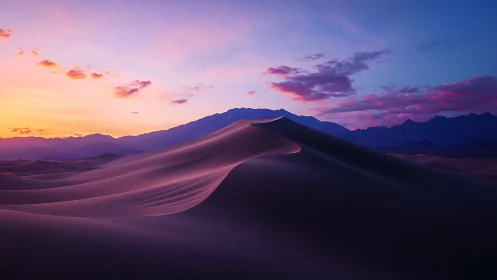 Sunrise light over purple desert sand dunes and mountains.