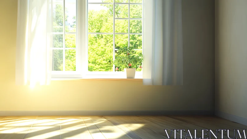 Sunlit minimalist room frames a bright, leafy garden view