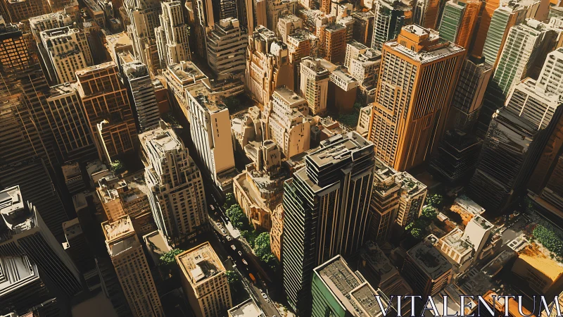 High-density downtown skyline rendered with oblique aerial perspective