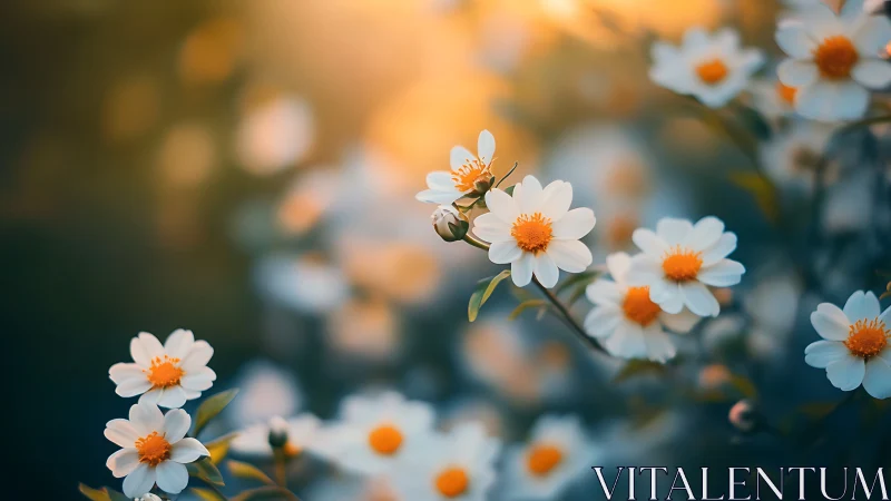 White Daisies with Orange Centers in Soft Focus Garden.