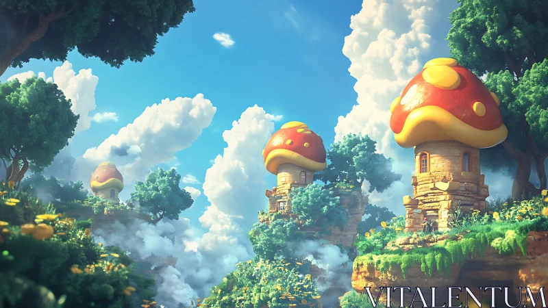 Whimsical mushroom houses rise above lush floating cliffs