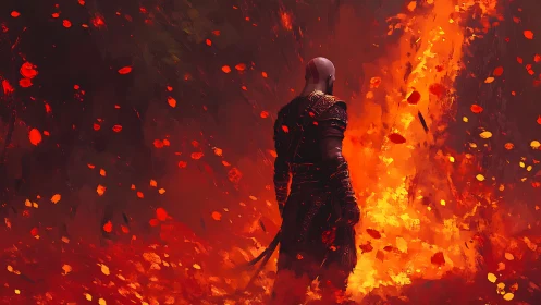 Armored warrior studies vertical fire column amid drifting embers