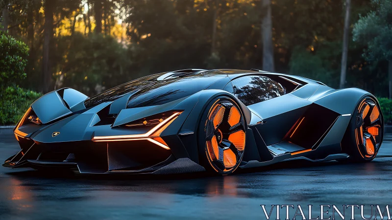 Futuristic hypercar concept with neon orange aerodynamic lighting.
