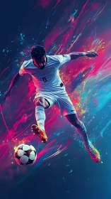 Dynamic soccer hero soaring through neon color bursts.