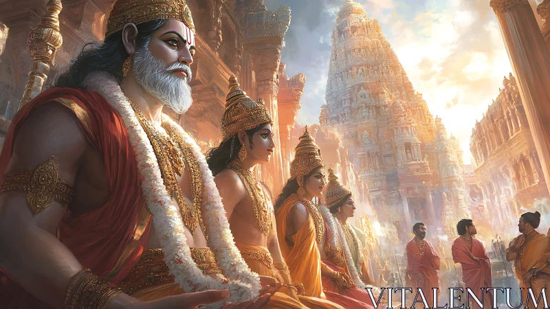 Epic royal council before towering golden temple complex