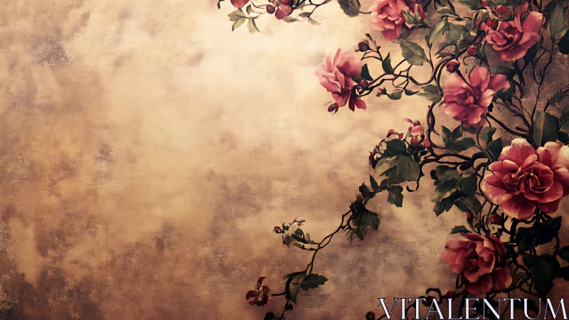 Climbing rose bouquet curves across aged painterly wall