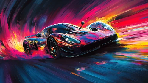 Sleek supercar races through vibrant neon painted flames.