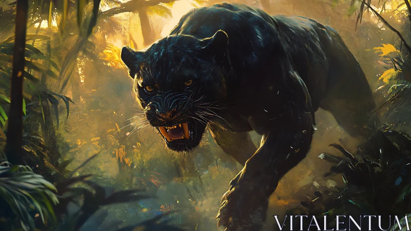 Black panther stalking through jungle with golden light