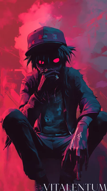 Neon-eyed street loner in saturated cyberpunk haze.