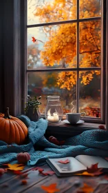 Cozy autumn window scene with pumpkin, coffee, and book.