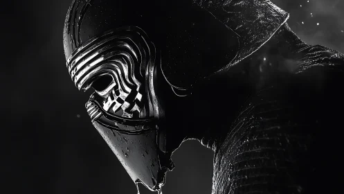 Helmeted dark warrior profile in monochrome chiaroscuro.