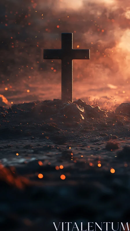 Lone stone cross amid embers in dark cinematic graveyard.