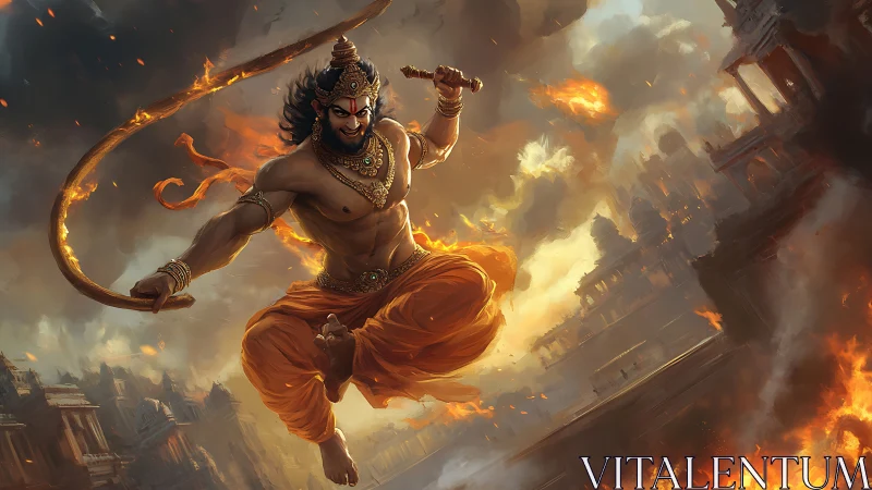 Mythic warrior leaps through flames above a burning cityscape