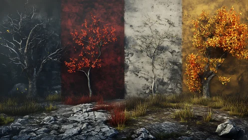 Rendered seasonal trees stand against three textured panels