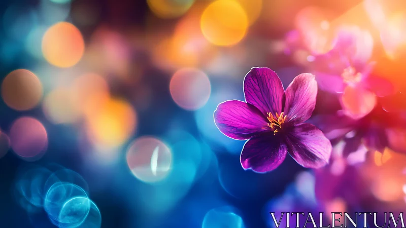 Iridescent violet blossom amid neon bokeh lights glow.