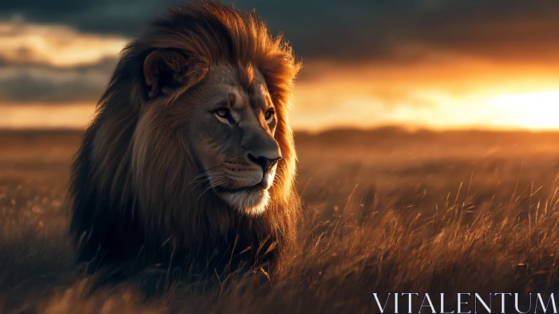 Photorealistic male lion portrait in sunset backlight on savanna