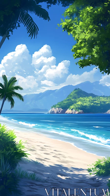 Digital painting depicting tropical coastal landscape with sandy beach