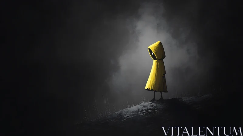 Lonely hooded wanderer in yellow coat glows against darkness