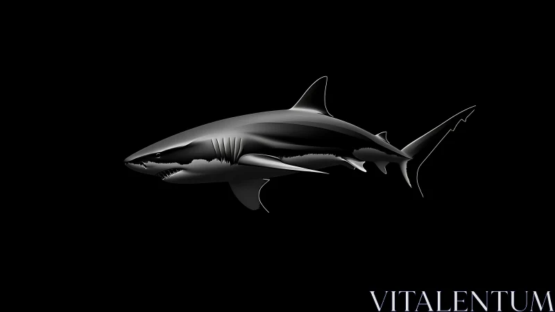 Sleek metallic shark silhouette glides across black void.