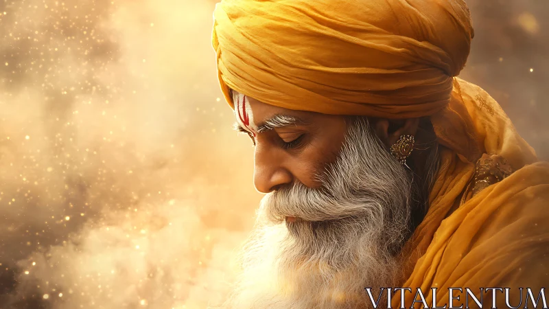 Elderly man in saffron turban with downward gaze portrait.