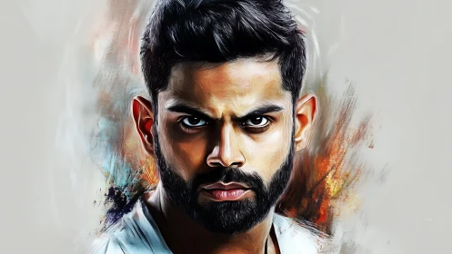 Digital portrait depicts focused male face with stylized brushwork