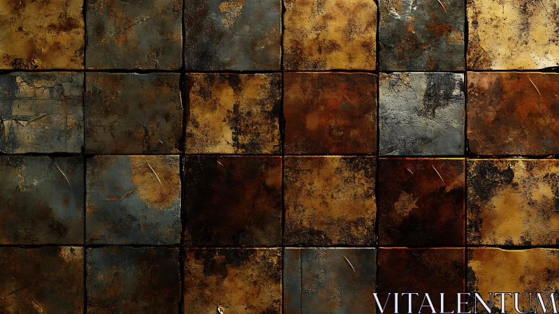 Weathered metallic tiles in rustic grid pattern, industrial art style.