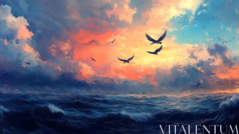 Spectral seabirds over chromatic storm-tossed oceanic horizon.