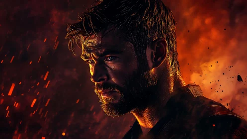 Intense bearded man in side profile amid glowing embers.