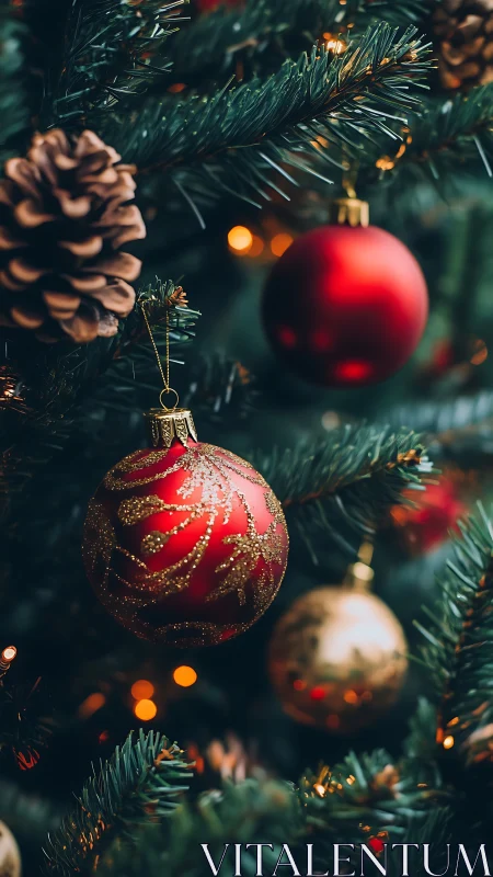 Red glass ornament hangs on lush Christmas tree branches