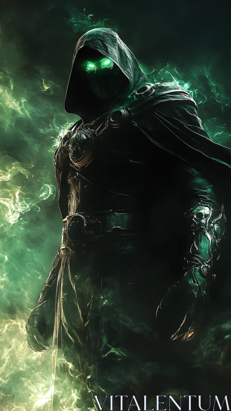 Hooded spectral warrior in glowing green armor stands in smoke