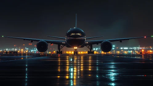 Night runway lights welcome a sleek jet ready for departure