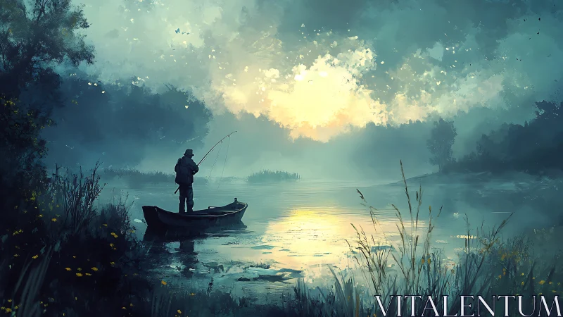 Soft morning light welcomes a lone fisherman on a misty lake