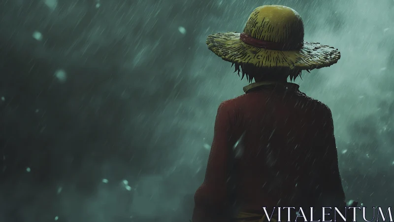 Storm-soaked wanderer in a straw hat stands firm in rain