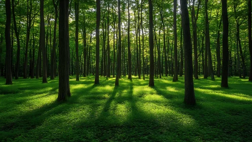 Temperate forest with dappled sunlight filtering through tree canopy.