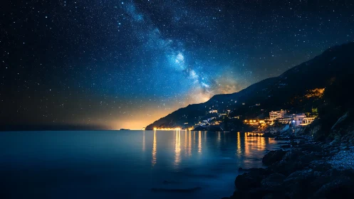 Milky Way core arches above coastal town with reflective sea glow