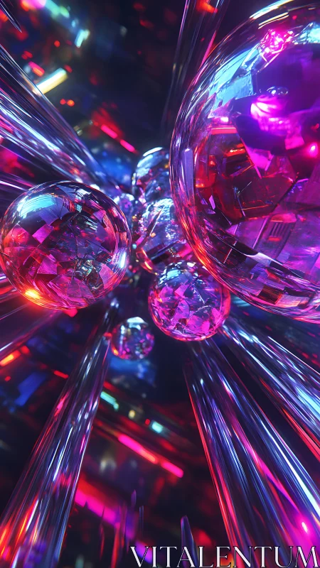 Iridescent crystal spheres in neon vortex of refracted light.