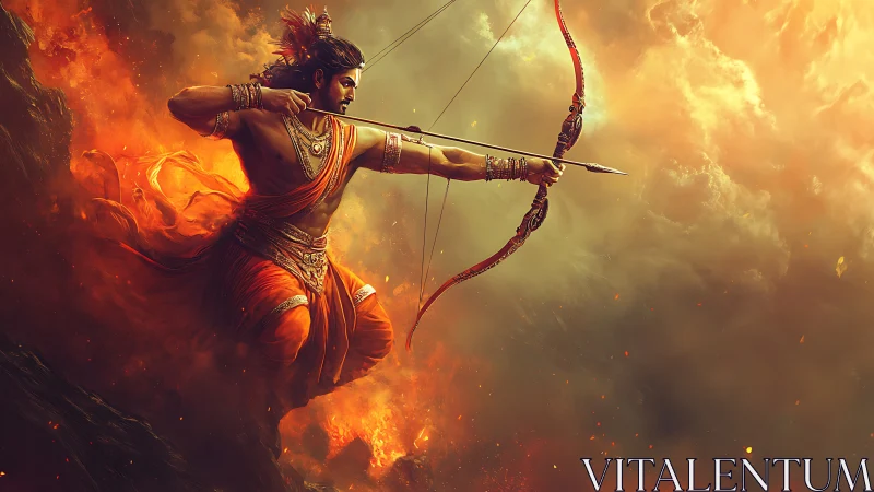 Fiery warrior archer commands the storm of battle sky