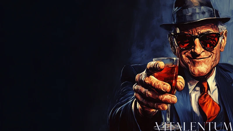 Vintage gangster toast portrait with bold red accents.