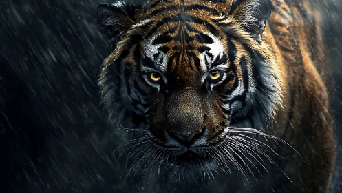 Rain-soaked tiger stalks the night with molten gold eyes.
