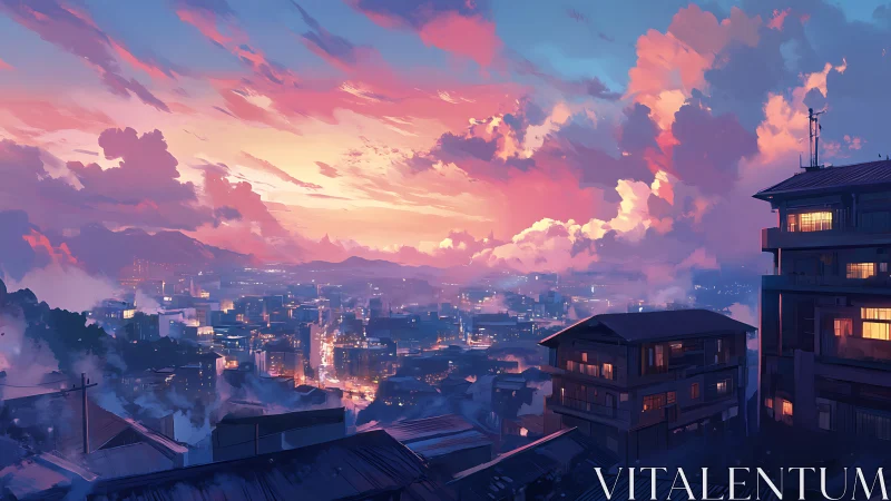 Twilight rooftops cradle a neon city beneath blushing clouds.