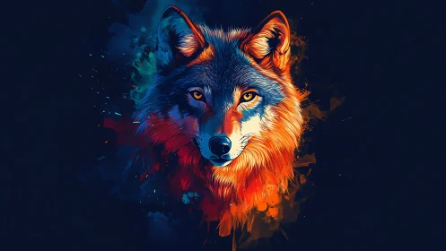 Chromatic wolf portrait with dual-tone neon abstract splatter