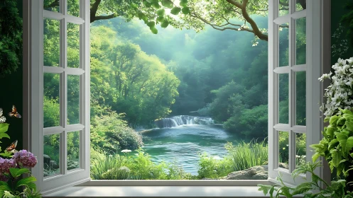 Open casement window framing luminous forest waterfall vista.