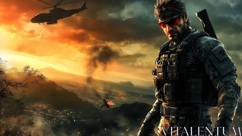 Sunset commando stalks a burning valley under war-torn skies.