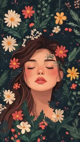 Dreamy freckled girl resting in a gentle midnight garden.