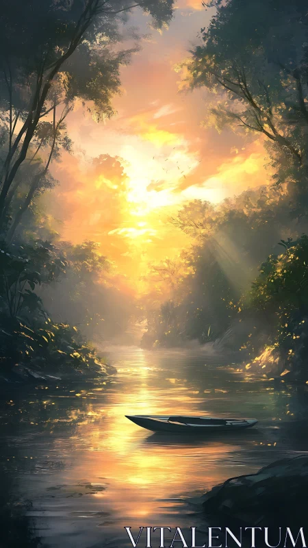 Sunlit jungle river with solitary boat in painterly backlight
