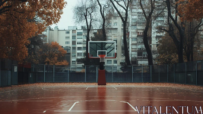 Silent city hoop waits under copper trees for the next game
