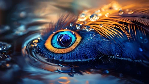 Iridescent peacock feather floats in shimmering water droplets.