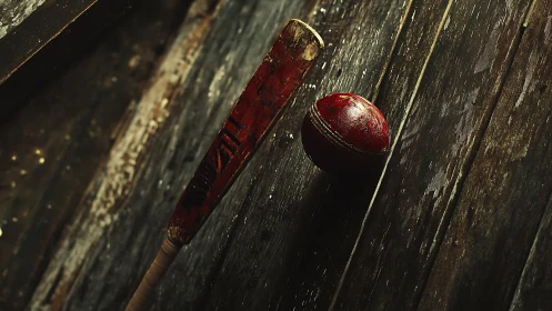 Weathered cricket bat and ball rest on rustic wooden boards.
