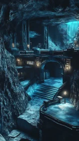 Futuristic cavern stronghold glows under cold blue light