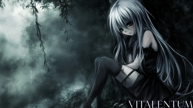 Silver-haired girl curls alone in stormlit midnight forest.